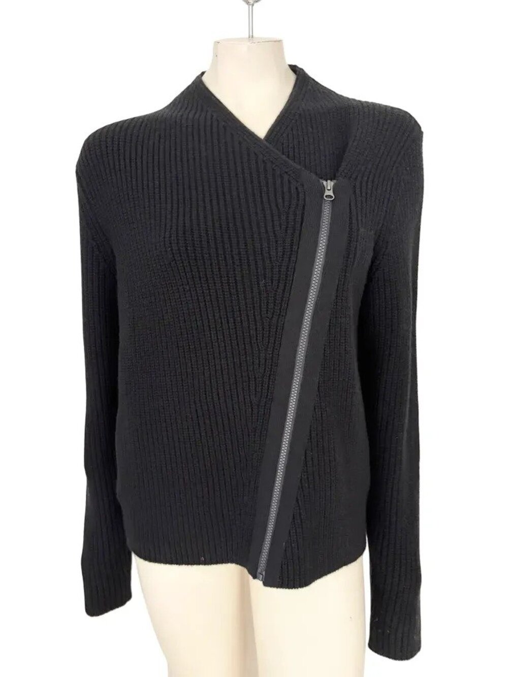 ATHLETA Merino Stowe Black Ribbed Cardigan Asymmetrical Zip Merino Wool SZ XL
